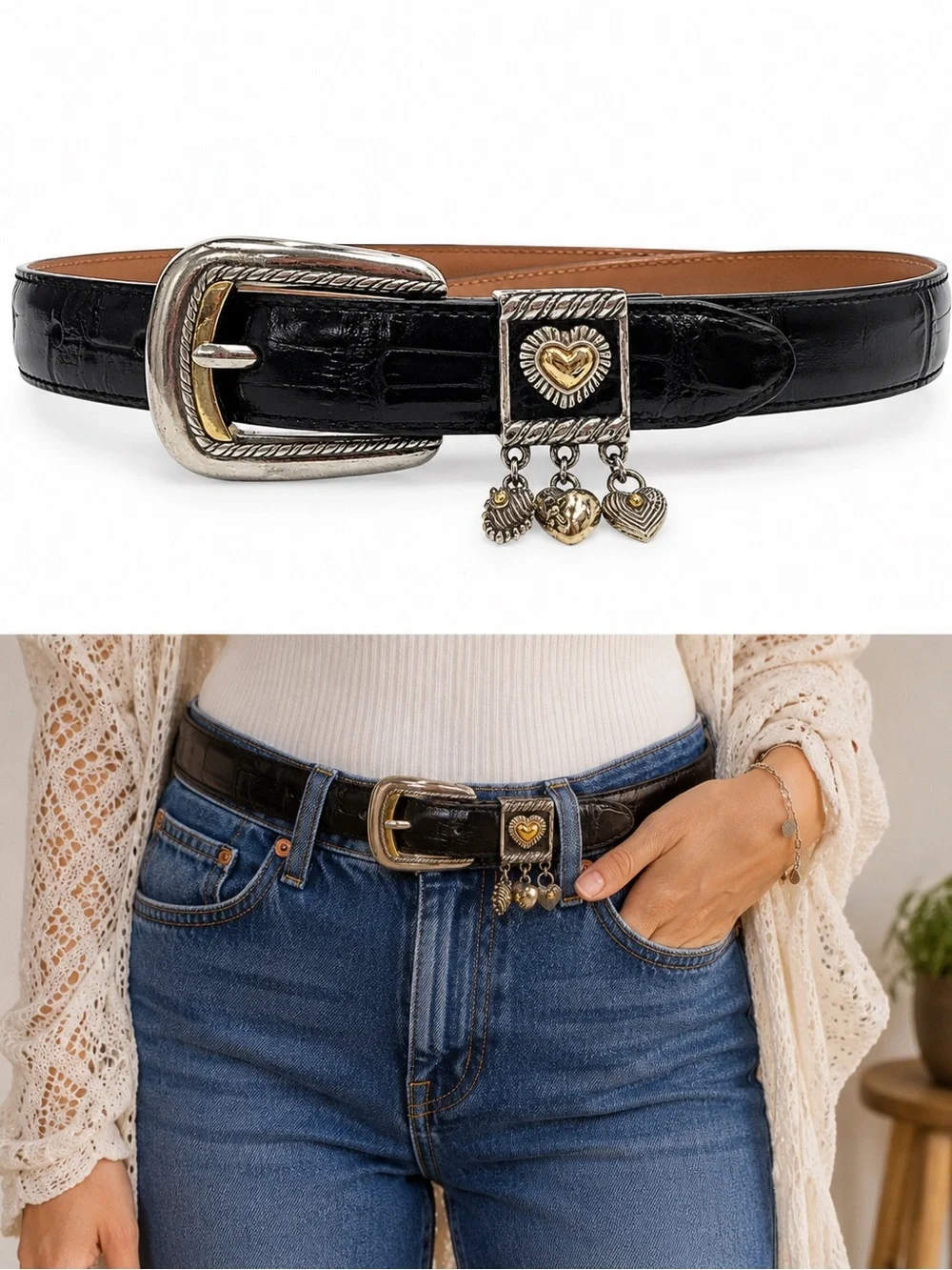 Brighton Black Leather Belt w Silver Buckle and Mixed Metal Heart Charms Size 28 - Picture 2 of 7